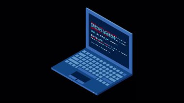 İzometrik dizüstü bilgisayar animasyonu. 3D izometrik dizüstü bilgisayar. Bir dizüstü ekranda soyut programlama dili ve program kodu. Alfa kanalı ile şeffaf arkaplan