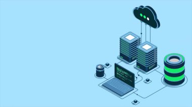 Bulut teknolojisi animasyon hesaplama. Modern bulut teknolojisi. Veri merkezi izometrik konsepti. Veri tabanına sahip Isometric bulut teknolojisi. Web sunucu konsepti. 4K video eşölçülü olarak canlandırıldı