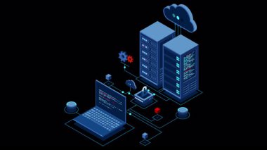 Siber veri güvenliği. İnternet güvenlik izometrik konsepti. Sunucu odası korunan merkez üzerinden dizüstü bilgisayara bağlandı. 4K kusursuz döngü animasyonu. Alfa kanalı ile şeffaf arkaplan