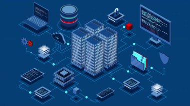 Isometric bilgisayar teknolojisi animasyonu. Büyük veri merkezinin hesaplanması. Bulut hesaplama. Çevrimiçi aygıtlar bilgiyi yükler ve indirir. 4K video eşölçülü olarak canlandırıldı