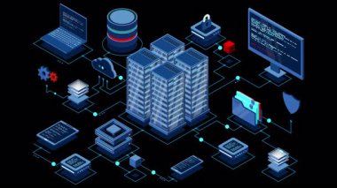 Isometric bilgisayar teknolojisi animasyonu. Büyük veri merkezinin hesaplanması. Bulut hesaplama. Çevrimiçi aygıtlar bilgiyi yükler ve indirir. Alfa kanalı ile şeffaf arkaplan