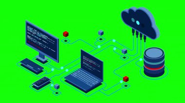 Bulut teknolojisi animasyon hesaplama. Modern bulut teknolojisi. Veri merkezi izometrik konsepti. Veri tabanına sahip Isometric bulut teknolojisi. Web sunucu konsepti. 4K video eşölçülü olarak canlandırıldı