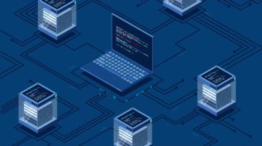 Soyut izometrik yüksek teknoloji animasyonu. Bulut depolama izometrik çizimi. Sunucusu olan büyük bir veri merkezi. Sunucu odası. 4K video eşölçülü olarak canlandırıldı