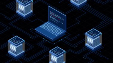 Soyut izometrik yüksek teknoloji animasyonu. Bulut depolama izometrik çizimi. Sunucusu olan büyük bir veri merkezi. Sunucu odası. Alfa kanalı ile şeffaf arkaplan