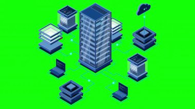Isometric bilgisayar teknolojisi animasyonu. Büyük veri merkezinin hesaplanması. Bulut hesaplama. Çevrimiçi aygıtlar bilgiyi yükler ve indirir. 4K video eşölçülü olarak canlandırıldı