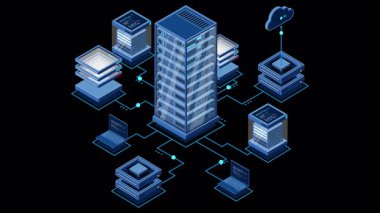 Isometric bilgisayar teknolojisi animasyonu. Büyük veri merkezinin hesaplanması. Bulut hesaplama. Çevrimiçi aygıtlar bilgiyi yükler ve indirir. Alfa kanalı ile şeffaf arkaplan