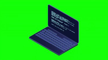 İzometrik dizüstü bilgisayar animasyonu. 3D izometrik dizüstü bilgisayar. Bir dizüstü ekranda soyut programlama dili ve program kodu. 4K video eşölçülü olarak canlandırıldı