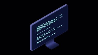 İzometrik monitör animasyonu. Bilgisayar monitörü izometrik masaüstü. Modern monitör. 4K video izometrik tarzda canlandırıldı. Alfa kanalı ile şeffaf arkaplan