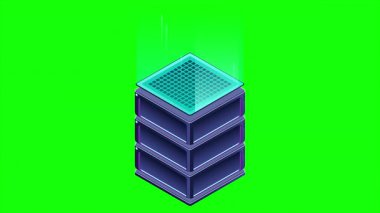 Isometric fütürist sunucu animasyonu. İzometrik veritabanı veya veri merkezi. Soyut engelleme zinciri. Bilgisayar deposu. Bulut deposu. 4K video eşölçülü olarak canlandırıldı