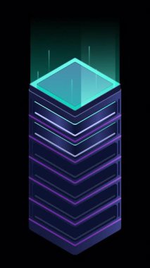 Isometric fütürist sunucu animasyonu. İzometrik veritabanı veya veri merkezi. Soyut engelleme zinciri. Bilgisayar deposu. Bulut deposu. Alfa kanalı ile şeffaf arkaplan