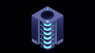 Isometric fütürist sunucu animasyonu. İzometrik veritabanı veya veri merkezi. Soyut engelleme zinciri. Bilgisayar deposu. Bulut deposu. Alfa kanalı ile şeffaf arkaplan