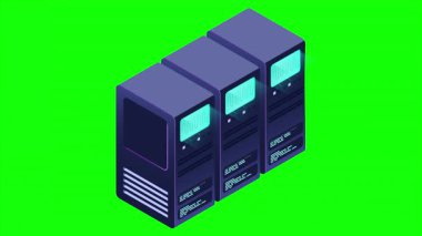 Isometric fütürist sunucu animasyonu. İzometrik veritabanı veya veri merkezi. Soyut engelleme zinciri. Bilgisayar deposu. Bulut deposu. 4K video eşölçülü olarak canlandırıldı