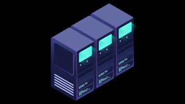 Isometric fütürist sunucu animasyonu. İzometrik veritabanı veya veri merkezi. Soyut engelleme zinciri. Bilgisayar deposu. Bulut deposu. Alfa kanalı ile şeffaf arkaplan