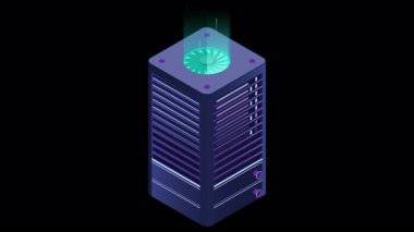 Isometric fütürist sunucu animasyonu. İzometrik veritabanı veya veri merkezi. Soyut engelleme zinciri. Bilgisayar deposu. Bulut deposu. Alfa kanalı ile şeffaf arkaplan
