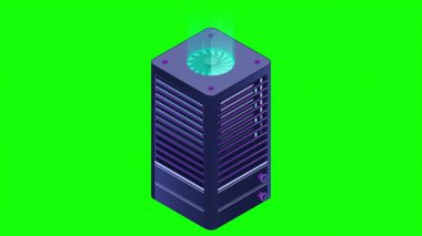 Isometric fütürist sunucu animasyonu. İzometrik veritabanı veya veri merkezi. Soyut engelleme zinciri. Bilgisayar deposu. Bulut deposu. 4K video eşölçülü olarak canlandırıldı