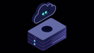 İzometrik bulut veritabanı animasyonu. Bulut bilgisayarı ve dosya bulut deposu. Modern teknoloji. Hareket grafiği. Alfa kanalı ile şeffaf arkaplan