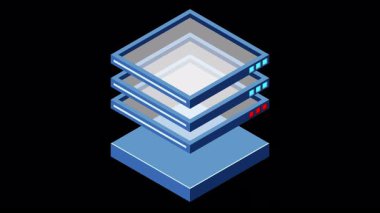 Isometric fütürist sunucu animasyonu. İzometrik veritabanı veya veri merkezi. Soyut engelleme zinciri. Bilgisayar deposu. Bulut deposu. Alfa kanalı ile şeffaf arkaplan