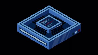 Isometric fütürist sunucu animasyonu. İzometrik veritabanı veya veri merkezi. Soyut engelleme zinciri. Bilgisayar deposu. Bulut deposu. Alfa kanalı ile şeffaf arkaplan