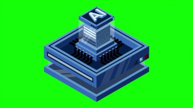 Yapay zeka mikro çip animasyonu. Kuantum hesaplaması. Yapay zeka bilgisayarı. Isometric makine programlama. 4K video eşölçülü olarak canlandırıldı