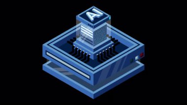 Yapay zeka mikro çip animasyonu. Kuantum hesaplaması. Yapay zeka bilgisayarı. Isometric makine programlama. Alfa kanalı ile şeffaf arkaplan