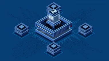 İzometrik yapay zeka çipi animasyonu. Yapay zeka konsepti. Fütürist mikroçip işlemcisi. Hareket grafiği. 4K video eşölçülü olarak canlandırıldı