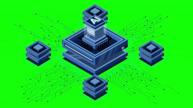 İzometrik yapay zeka çipi animasyonu. Yapay zeka konsepti. Fütürist mikroçip işlemcisi. Hareket grafiği. 4K video eşölçülü olarak canlandırıldı