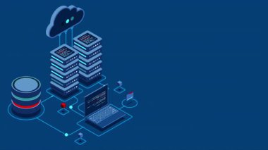 Bulut teknolojisi animasyon hesaplama. Modern bulut teknolojisi. Veri merkezi izometrik konsepti. Veri tabanına sahip Isometric bulut teknolojisi. Web sunucu konsepti. 4K video eşölçülü olarak canlandırıldı