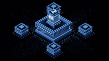 İzometrik yapay zeka çipi animasyonu. Yapay zeka konsepti. Fütürist mikroçip işlemcisi. Hareket grafiği. Alfa kanalı ile şeffaf arkaplan