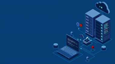 Siber veri güvenliği. İnternet güvenlik izometrik konsepti. Sunucu odası korunan merkez üzerinden dizüstü bilgisayara bağlandı. İnternet dijital teknolojisi hesaplanıyor. 4K kusursuz döngü canlandırması