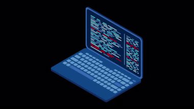 İzometrik dizüstü bilgisayar animasyonu. 3D izometrik dizüstü bilgisayar. Bir dizüstü ekranda soyut programlama dili ve program kodu. Alfa kanalı ile şeffaf arkaplan