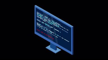 İzometrik monitör animasyonu. Bilgisayar monitörü izometrik masaüstü. Modern monitör. 4K video izometrik tarzda canlandırıldı. Alfa kanalı ile şeffaf arkaplan