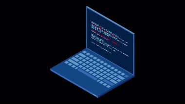 İzometrik dizüstü bilgisayar animasyonu. 3D izometrik dizüstü bilgisayar. Bir dizüstü ekranda soyut programlama dili ve program kodu. Alfa kanalı ile şeffaf arkaplan