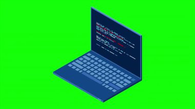 İzometrik dizüstü bilgisayar animasyonu. 3D izometrik dizüstü bilgisayar. Bir dizüstü ekranda soyut programlama dili ve program kodu. 4K video eşölçülü olarak canlandırıldı