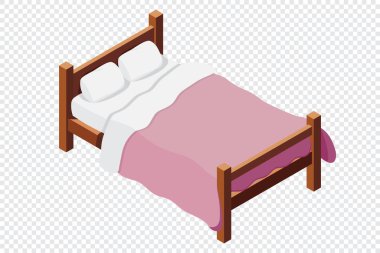 Yataklı, tahtadan bir yatak. 3 boyutlu izometrik yatak. Yatağı, yastığı ve battaniyesi olan tahta bir yatak çerçevesi. Isometric yatak odası mobilyası