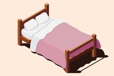 Yataklı, tahtadan bir yatak. 3 boyutlu izometrik yatak. Yatağı, yastığı ve battaniyesi olan tahta bir yatak çerçevesi. Isometric yatak odası mobilyası