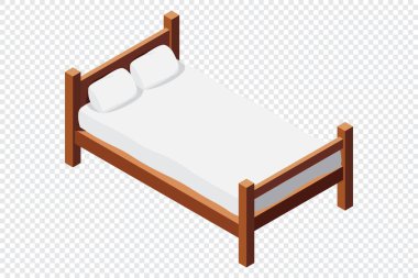 Yataklı, tahtadan bir yatak. 3 boyutlu izometrik yatak. Yatak ve yastıklı tahta yatak çerçevesi. Isometric yatak odası mobilyası