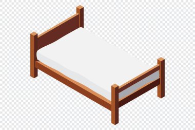 Yataklı, tahtadan bir yatak. 3 boyutlu izometrik yatak. Yataklı ahşap yatak çerçevesi. Isometric yatak odası mobilyası. Isometric mobilya