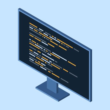 İzometrik monitör. Yazılım programlama kodlama kavramı. Bilgisayar monitöründe kod. Isometric teknolojisi. Vektör illüstrasyonu