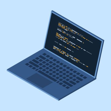 Isome dizüstü bilgisayarı. Program kodlu dizüstü bilgisayar konsepti üzerine programlama. Dizüstü bilgisayar ekranında program kodu. Isometric teknolojisi. Vektör illüstrasyonu