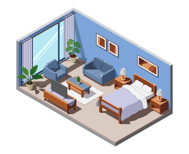 Isome 'ın otel odasının içi. Yatağı, penceresi, televizyonu, kanepesi ve masası olan otel odası. Yatak odası mobilyaları. Isometric otel odası