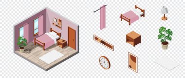 Isometric yatak odası. Yatak odasının içi. Yatak, lamba, bitki ve diğer yatak odası malzemeleri. Isometric ev mobilyası. Isometric ev odası