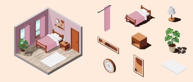 Isometric yatak odası. Yatak odasının içi. Yatak, lamba, bitki ve diğer yatak odası malzemeleri. Isometric ev mobilyası. Isometric ev odası
