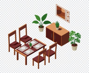 Isome yemek odası. Yemek odasının içinde. Masa, sandalyeler ve diğer mobilyalar. Isometric ev mobilyası. Isometric ev odası