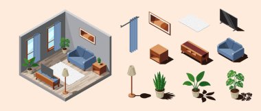 Isometric oturma odası. Oturma odasının içi. Televizyon, kanepe, masa ve diğer oturma odası ekipmanları. Isometric ev mobilyası. Isometric ev odası