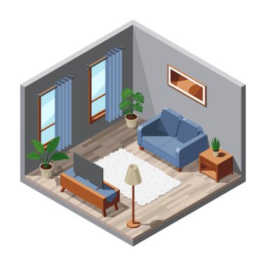 Isometric oturma odası. Oturma odasının içi. Televizyon, kanepe, masa ve diğer oturma odası ekipmanları. Isometric ev mobilyası. Isometric ev odası