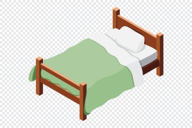Yataklı, tahtadan bir yatak. İzometrik tek kişilik yatak. Yatağı, yastığı ve battaniyesi olan tahta bir yatak çerçevesi. Isometric yatak odası mobilyası