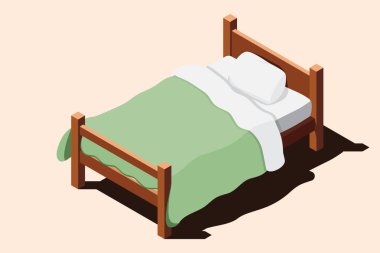 Yataklı, tahtadan bir yatak. İzometrik tek kişilik yatak. Yatağı, yastığı ve battaniyesi olan tahta bir yatak çerçevesi. Isometric yatak odası mobilyası