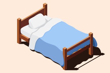 Yataklı, tahtadan bir yatak. İzometrik tek kişilik yatak. Yatağı, yastığı ve battaniyesi olan tahta bir yatak çerçevesi. Isometric yatak odası mobilyası