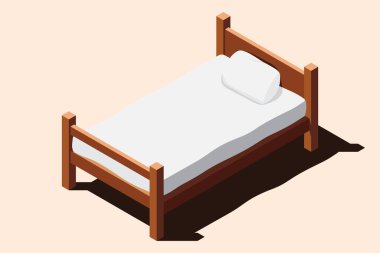 Yataklı, tahtadan bir yatak. İzometrik tek kişilik yatak. Yatak ve yastıklı tahta yatak çerçevesi. Isometric yatak odası mobilyası