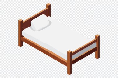 Yataklı, tahtadan bir yatak. İzometrik tek kişilik yatak. Yatak ve yastıklı tahta yatak çerçevesi. Isometric yatak odası mobilyası